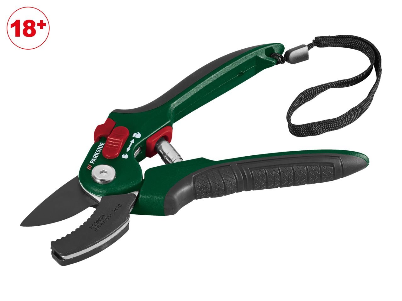 Green and black garden pruning shears with a red safety lock and a black wrist strap.