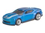 A blue Hot Wheels Camaro toy car with silver stripes.