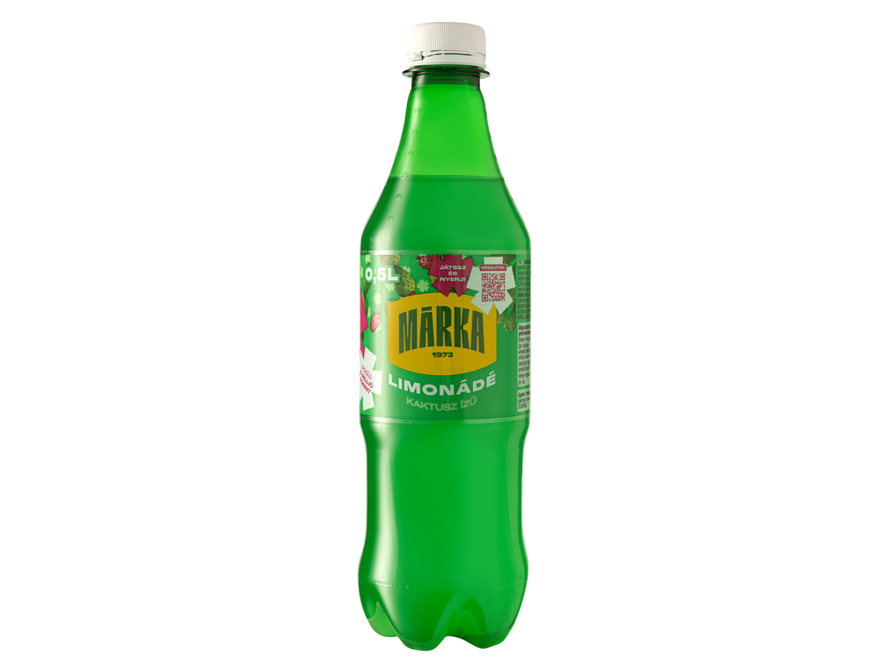 Zöld Márka 0,5 literes kaktuszos limonádé palack fehér kupakkal és sárga címkével