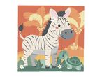Children's puzzle with a cartoon zebra wearing a flower and a turtle in a jungle setting.