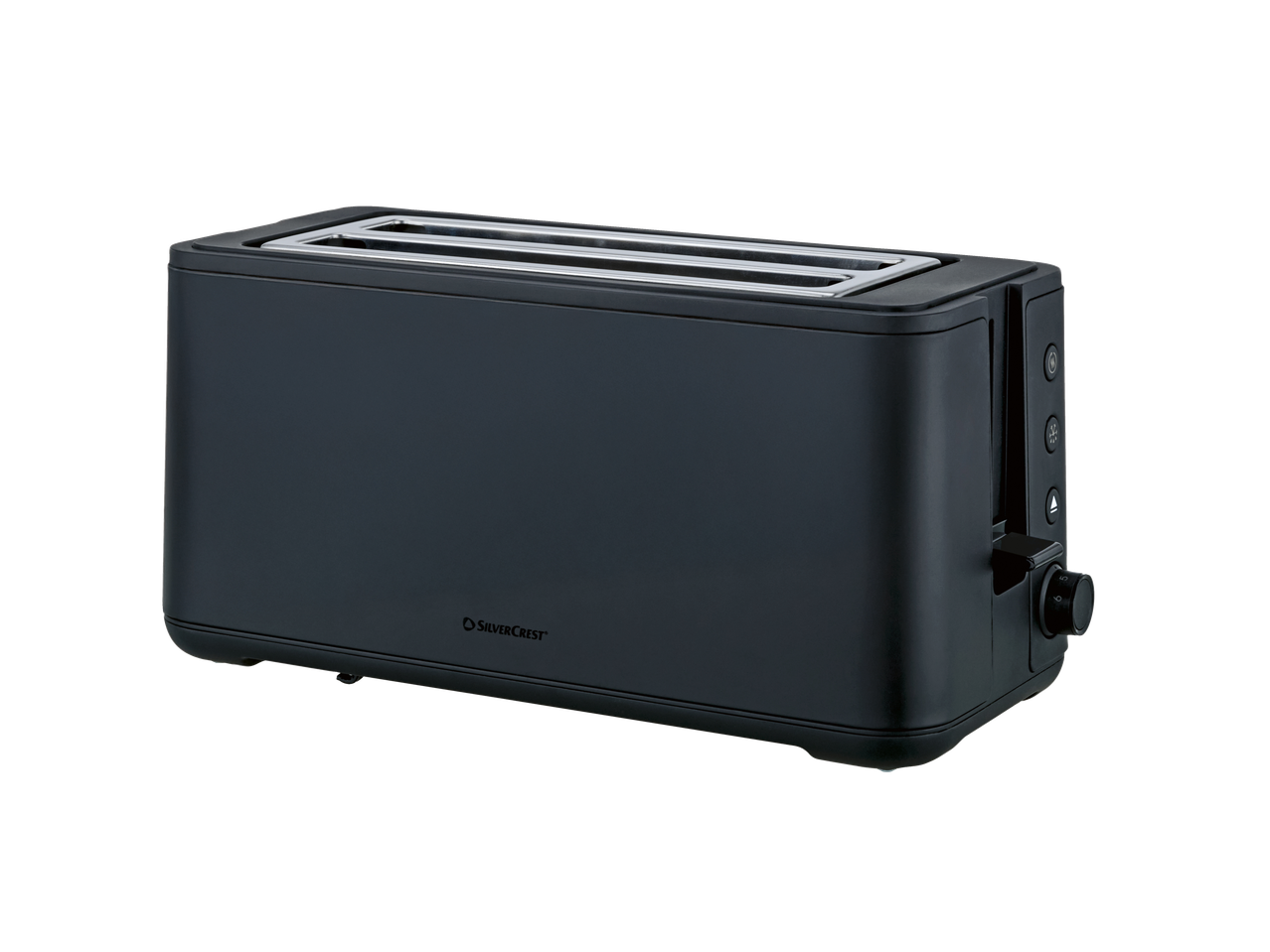 Dark grey long slot toaster with two slots and control buttons on the side.