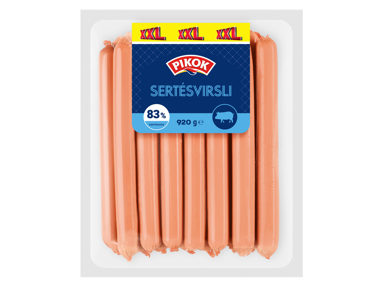 Sertésvirsli csomagolásban, 83% sertéshússal, 920g, XXL méretben.