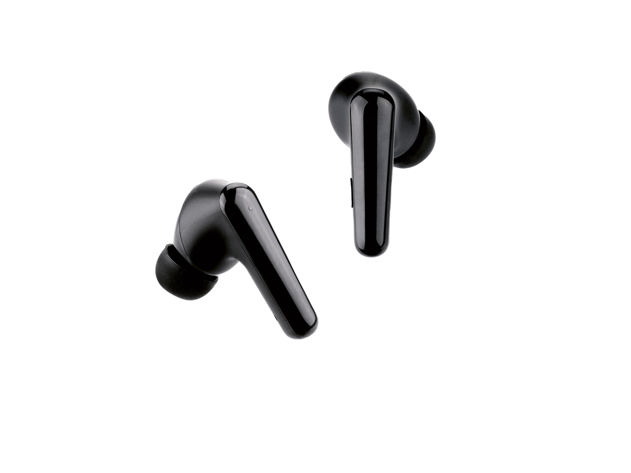 Two black wireless earbuds with a sleek design on a dark background.