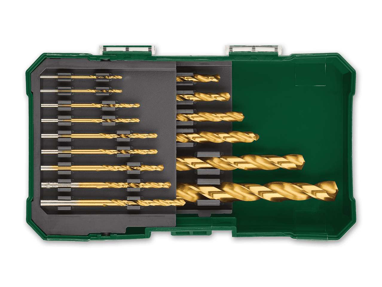 Ein Set goldener Bohrer in einer grünen Aufbewahrungsbox.