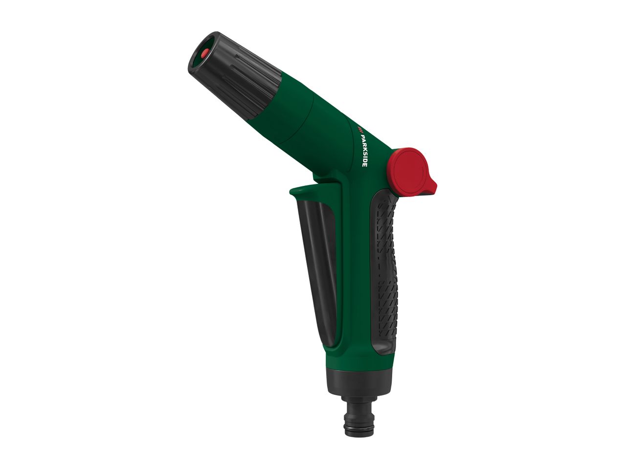 Green garden spray gun with a red trigger and black nozzle.