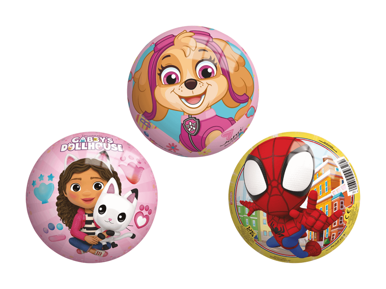 Drei Spielbälle mit Zeichentrickfiguren: ein Welpe, ein Mädchen mit einer Katze und ein Superheld.