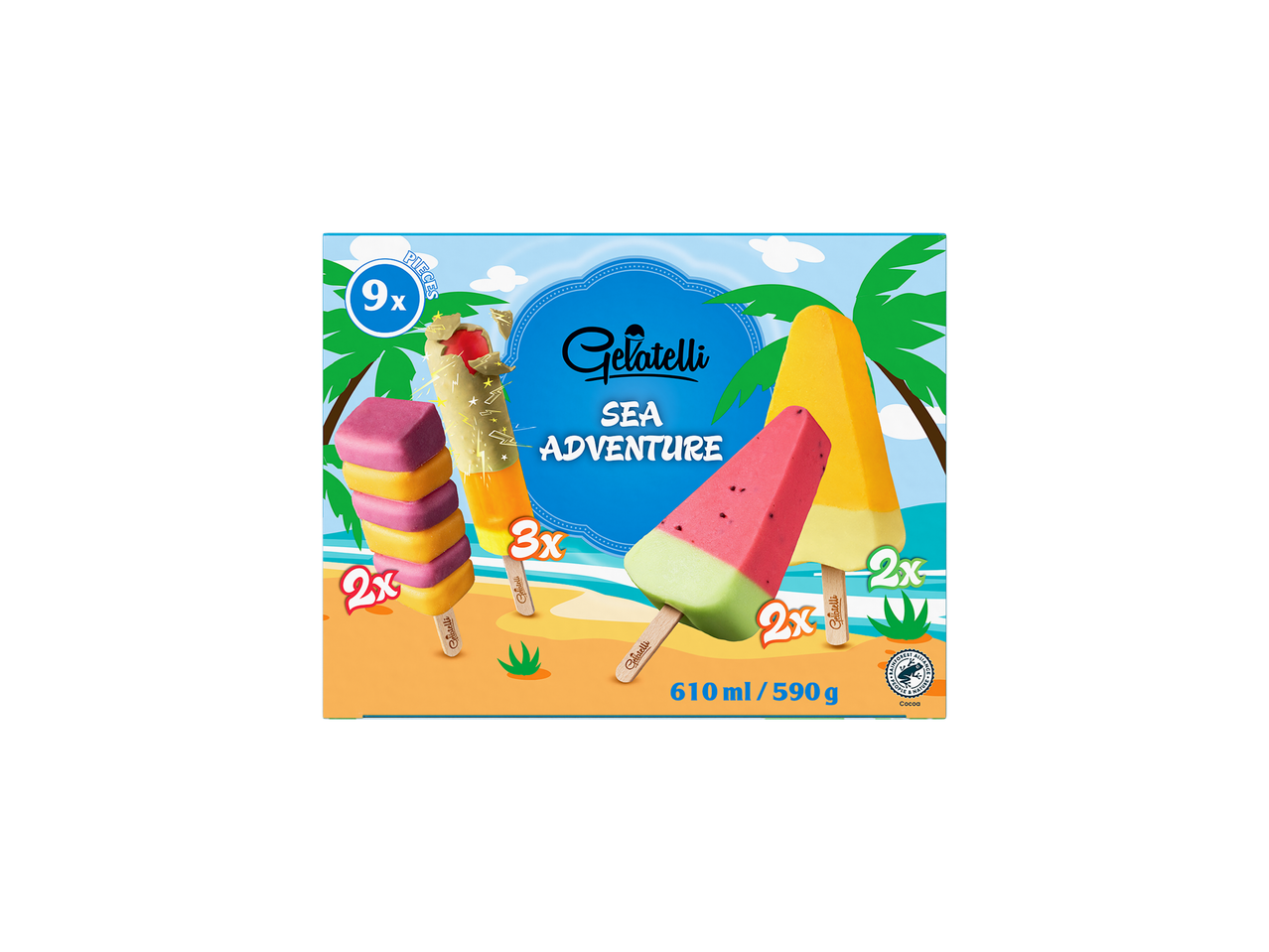 Picolés Gelatelli: 9 unidades, tema de verão.