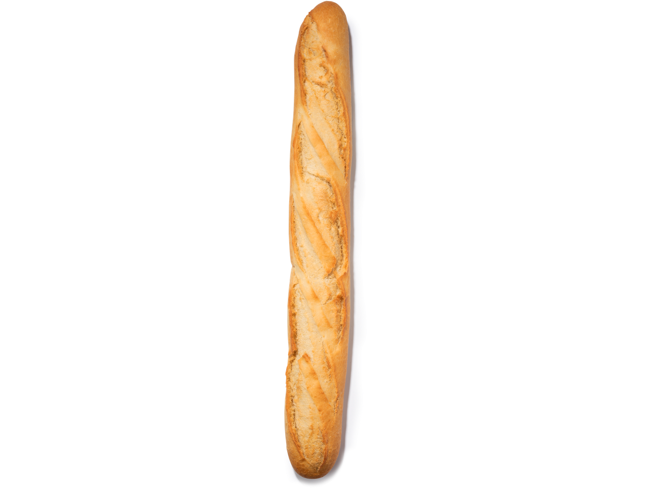 Een lang, knapperig stokbrood op een witte achtergrond.