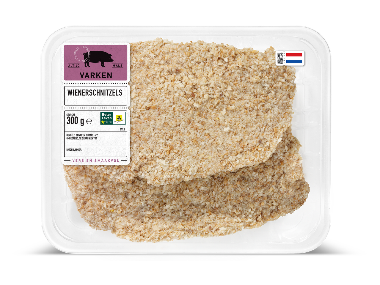 Verpakking met twee gepaneerde varkensschnitzels van 300 gram.