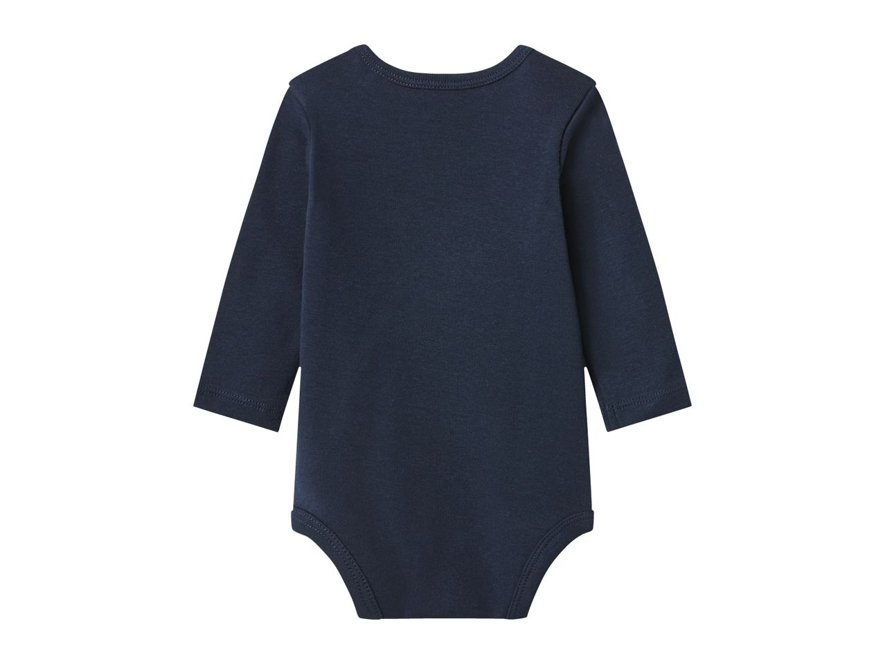 Dark blue long-sleeved baby bodysuit, back view.
