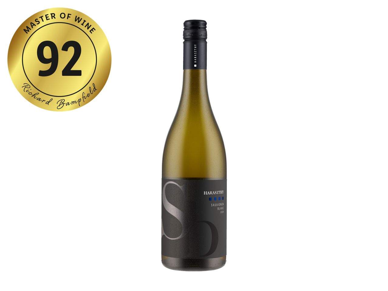 White wine bottle with a black label and a gold medal with the number 92.