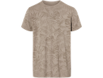 Beige t-särk troopiliste lehtedega mustriga.