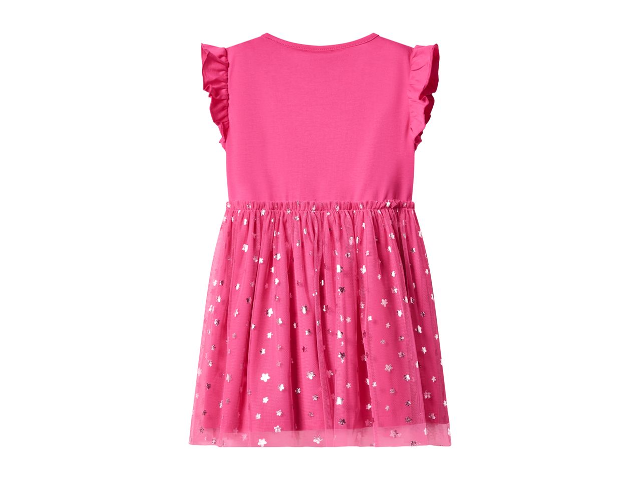 Pink dress with ruffled sleeves and a sparkly tulle skirt with silver flower details.