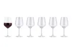 Six wine glasses, one filled with red wine, on a white background.