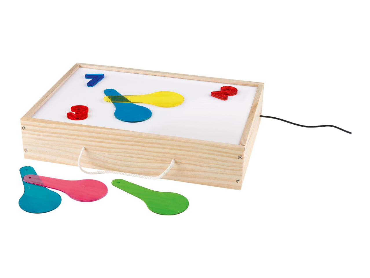 Wooden light box with colorful translucent numbers and paddles, and a black power cord.