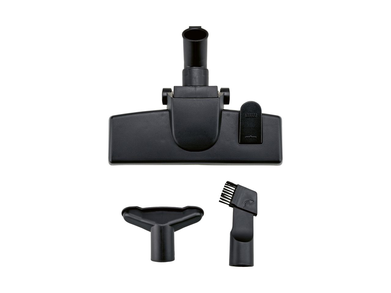 Vacuum cleaner accessories including a floor nozzle, upholstery tool, and crevice tool with brush.