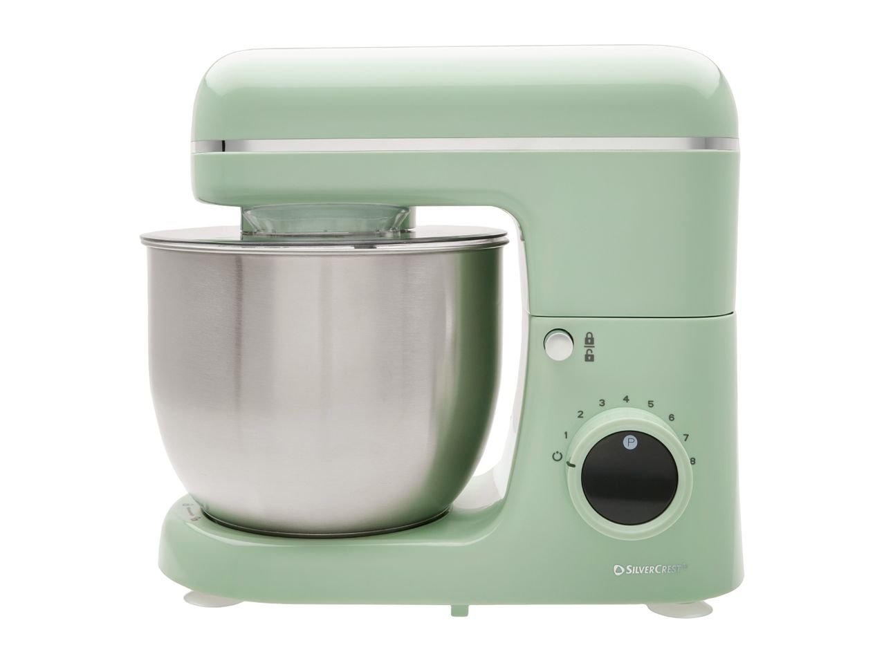 SilverCrest stand mixer in light green with a stainless steel bowl.