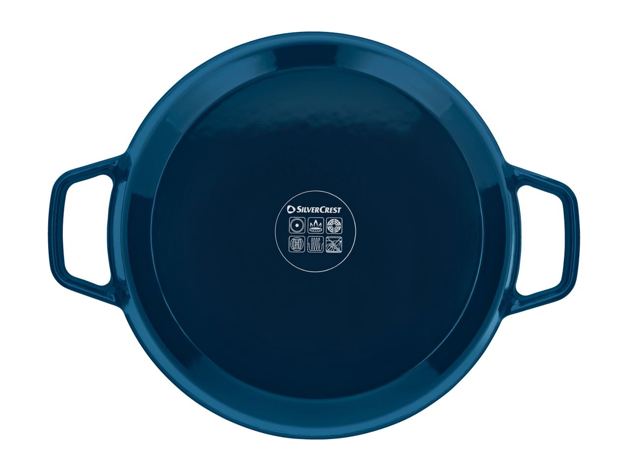 Dark blue round baking dish with handles, showing cooking hob compatibility symbols.