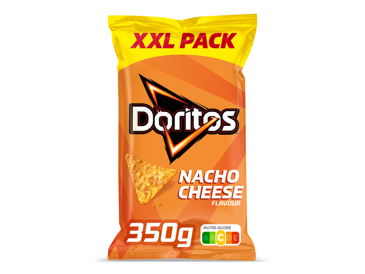 XXL-verpakking van 350g nacho cheese tortillachips met Nutri-Score C.