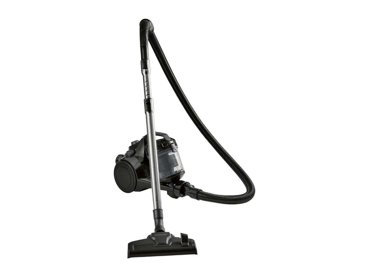 Black bagless cylinder vacuum cleaner with telescopic tube and floor nozzle