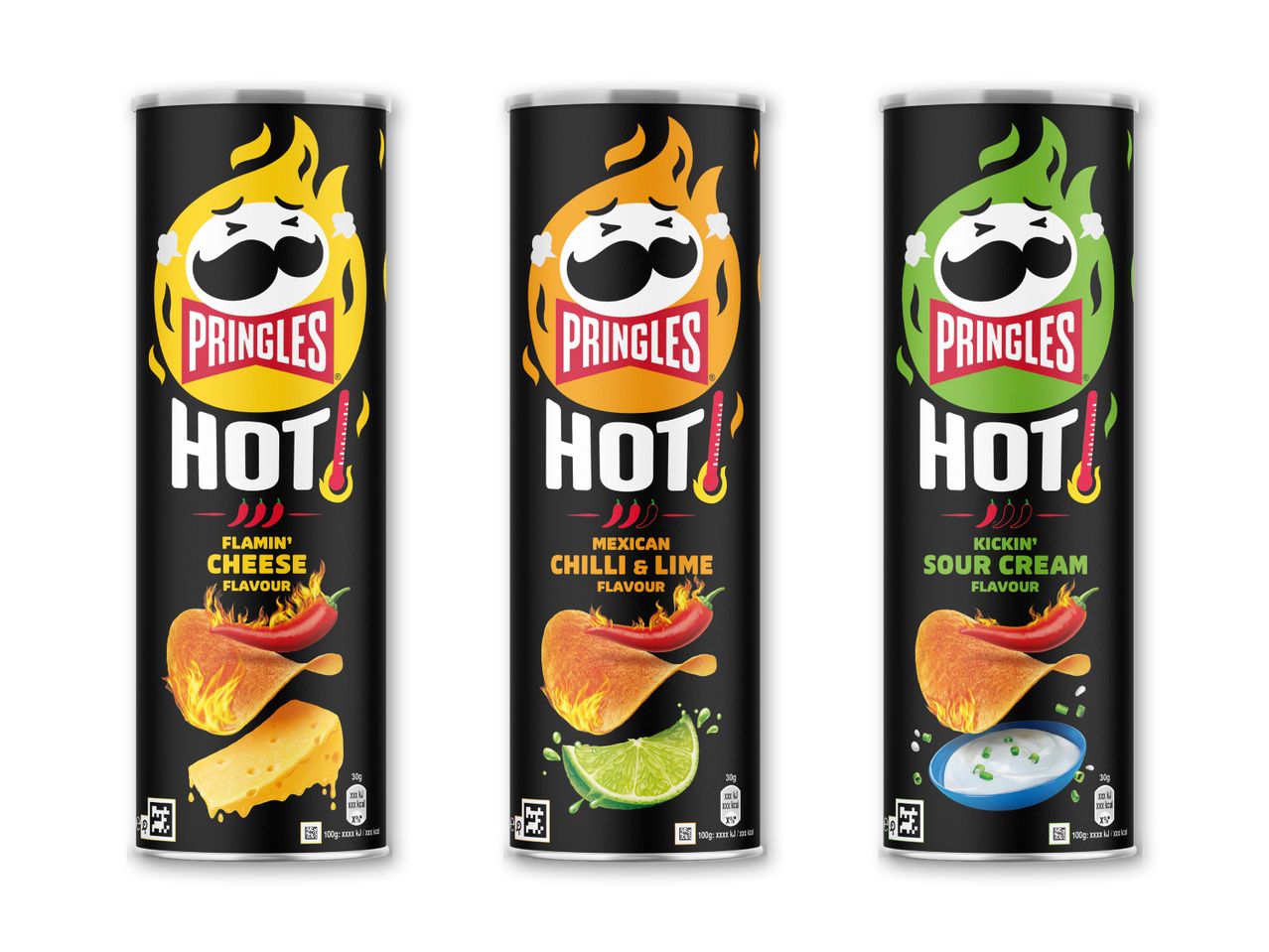 Tre Pringles Hot-dåser med smagene Flamin' Cheese, Mexican Chilli & Lime og Kickin' Sour Cream.