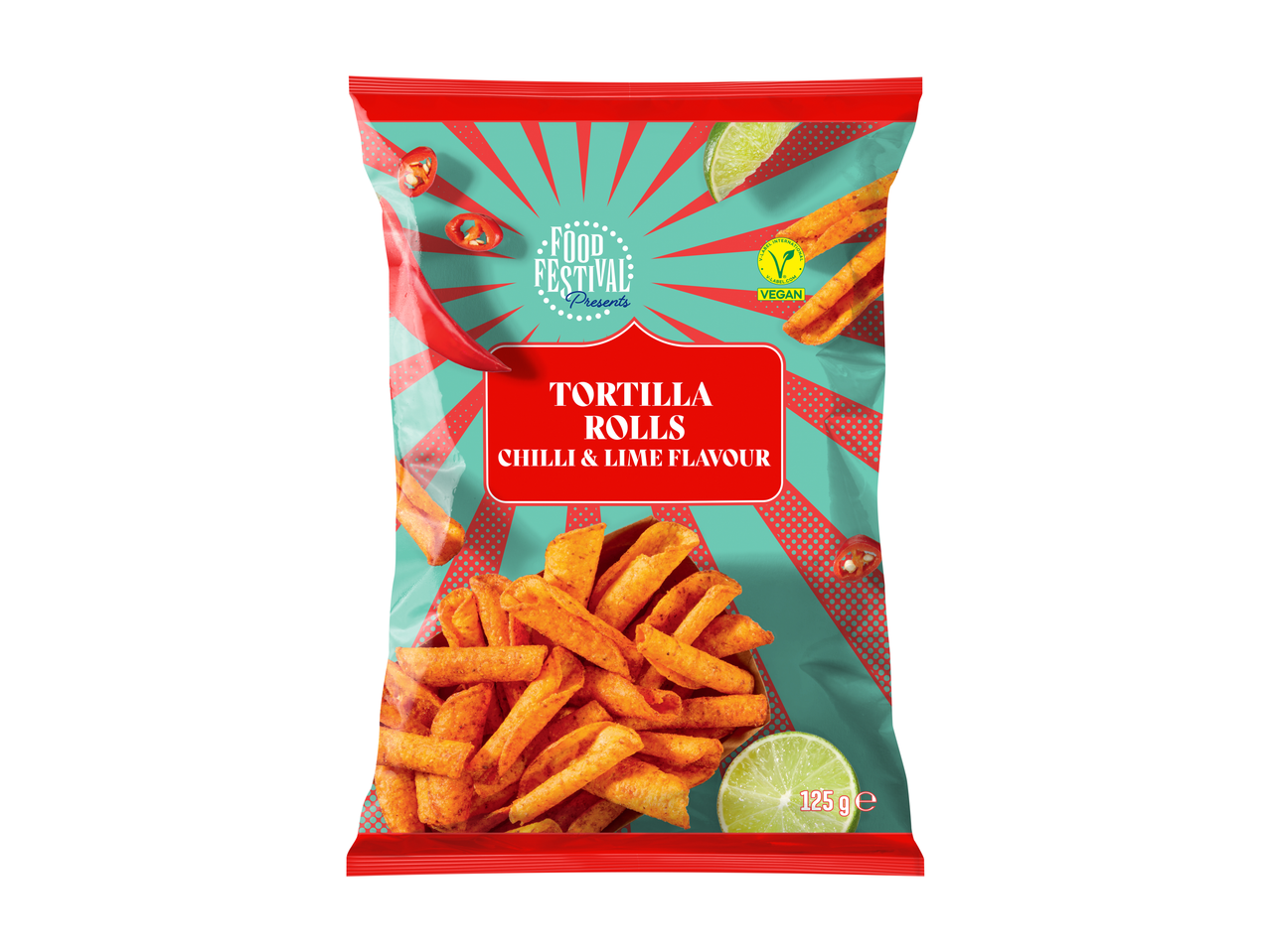 Food Festival tortillarolletjes met chili- en limoensmaak, 125 g, veganistisch.
