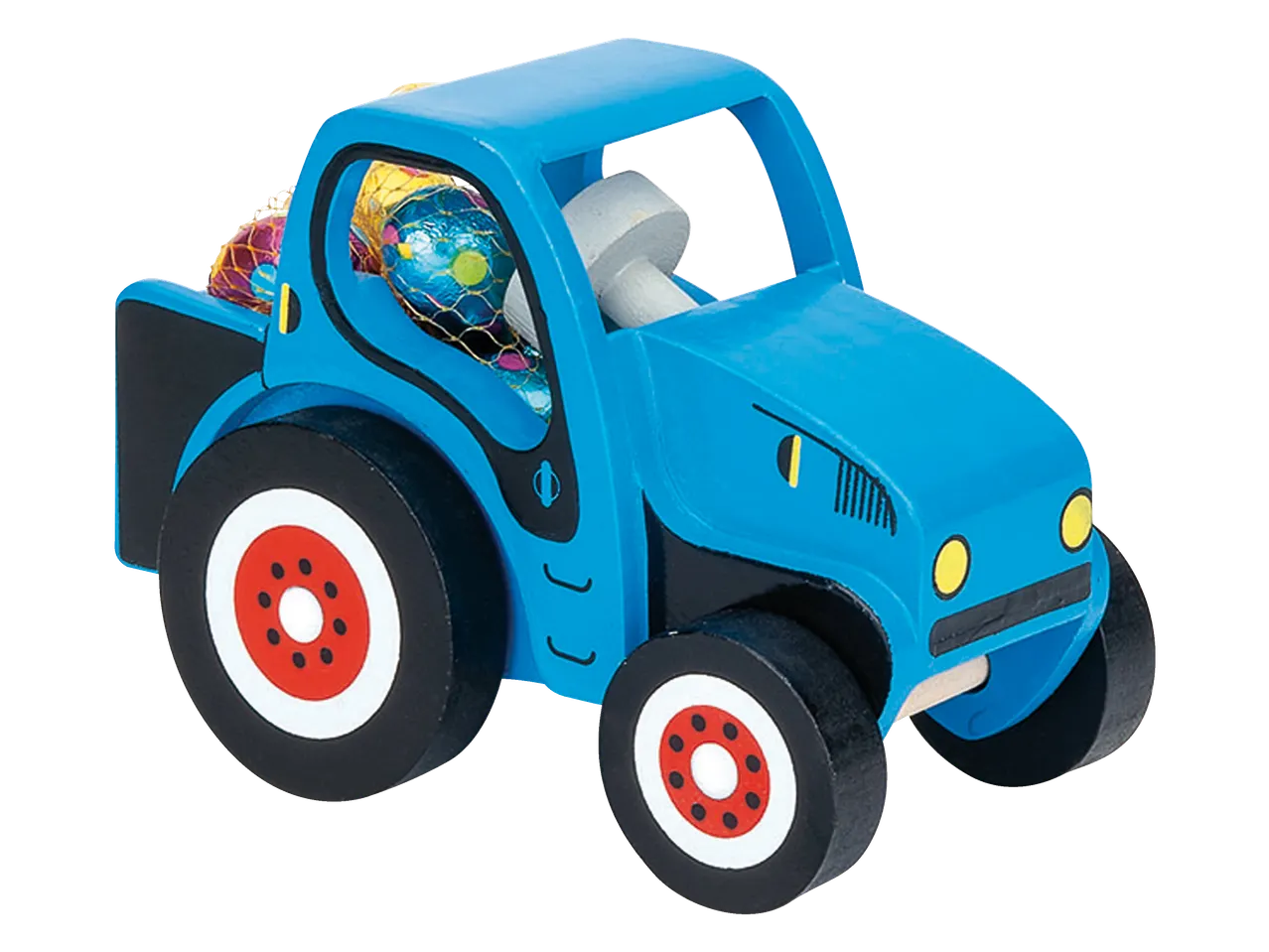 Tractor FAVORINA din lemn albastru cu ouă de ciocolată.