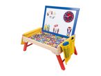 Children's wooden activity table with a whiteboard, magnetic letters, and a clock.
