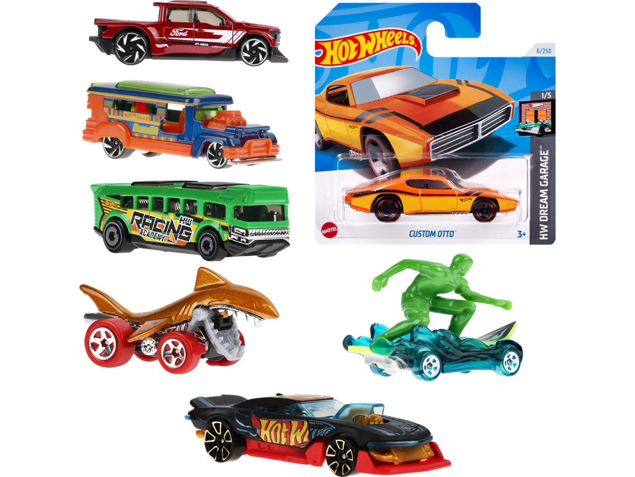 En samling Hot Wheels bilar, inklusive en muskelbil och olika fordon.