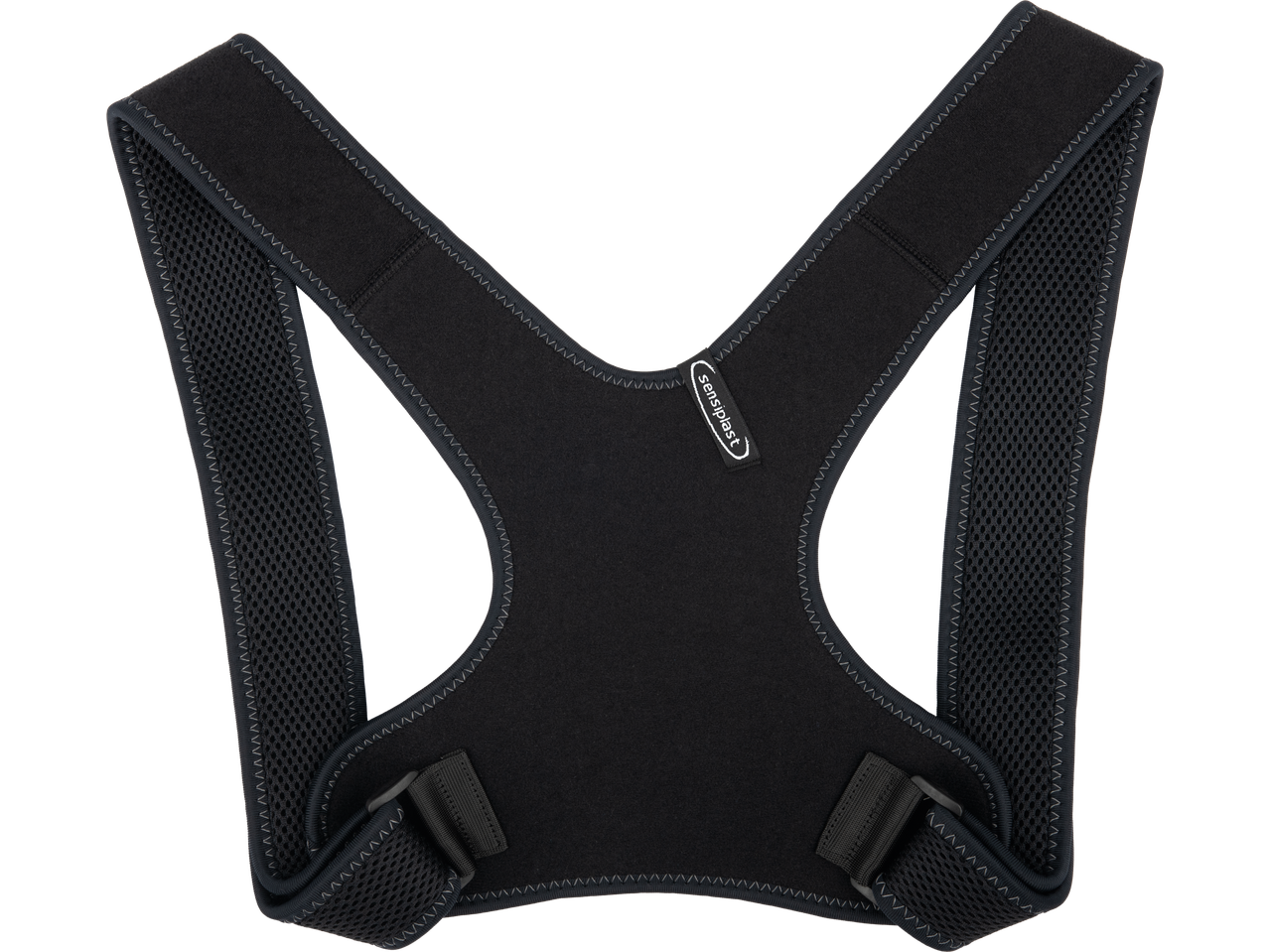 Black posture corrector with mesh straps and adjustable buckles, featuring a white logo.
