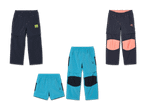 Drei Paar Kinder-Outdoorhosen, zwei davon in voller Länge und eines als Shorts.