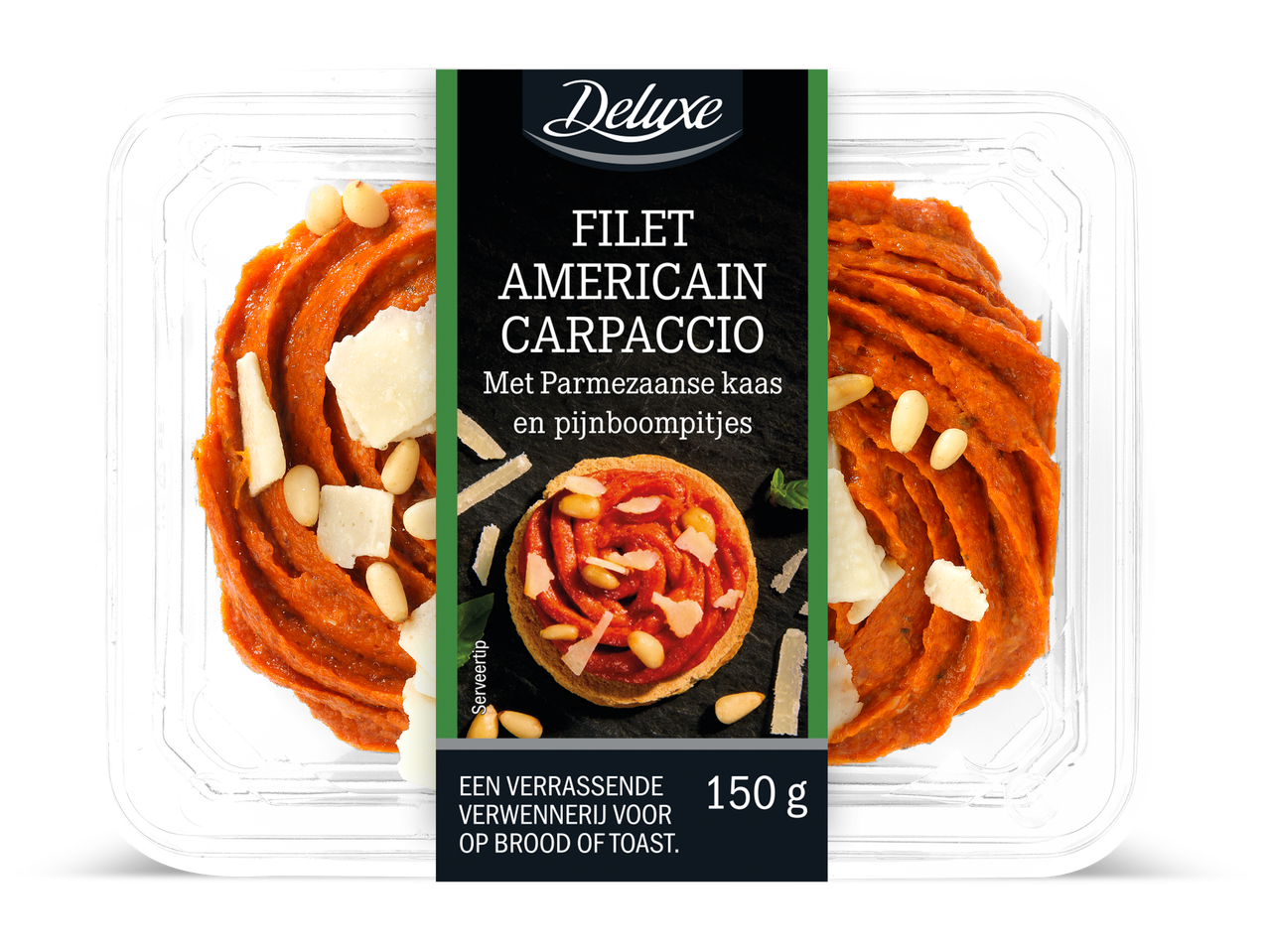 Deluxe Filet Americain Carpaccio met Parmezaanse kaas en pijnboompitjes, 150g.