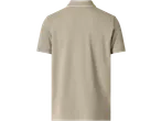 Polo bege masculino com risca branca na gola e punhos, vista traseira.