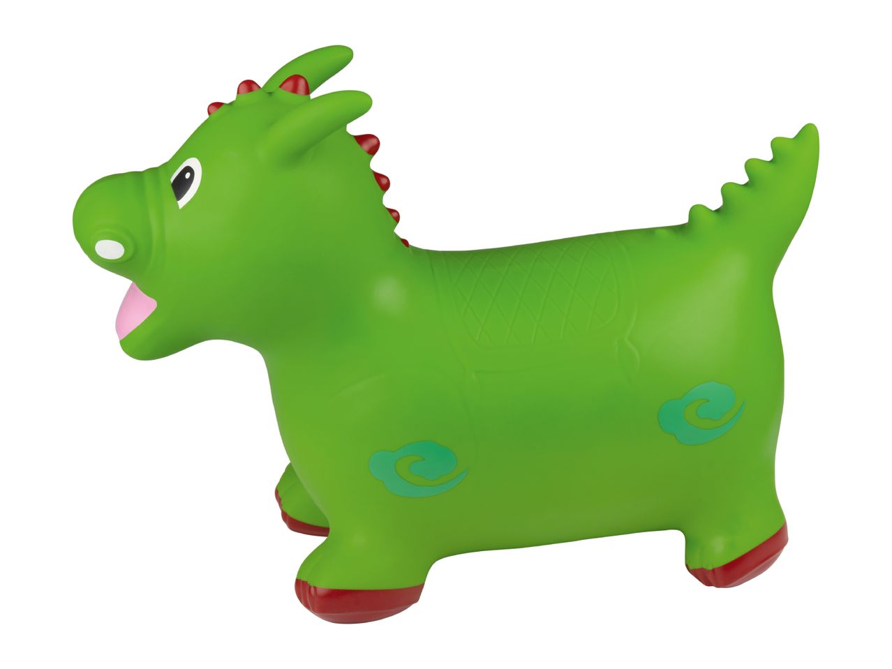 Green inflatable dragon bouncer with red accents and a saddle pattern