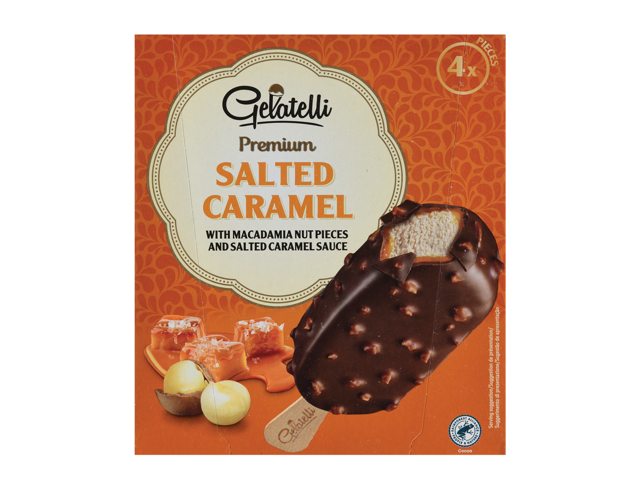 Embalagem de 4 picolés Gelatelli Premium de caramelo salgado com pedaços de nozes macadâmia.