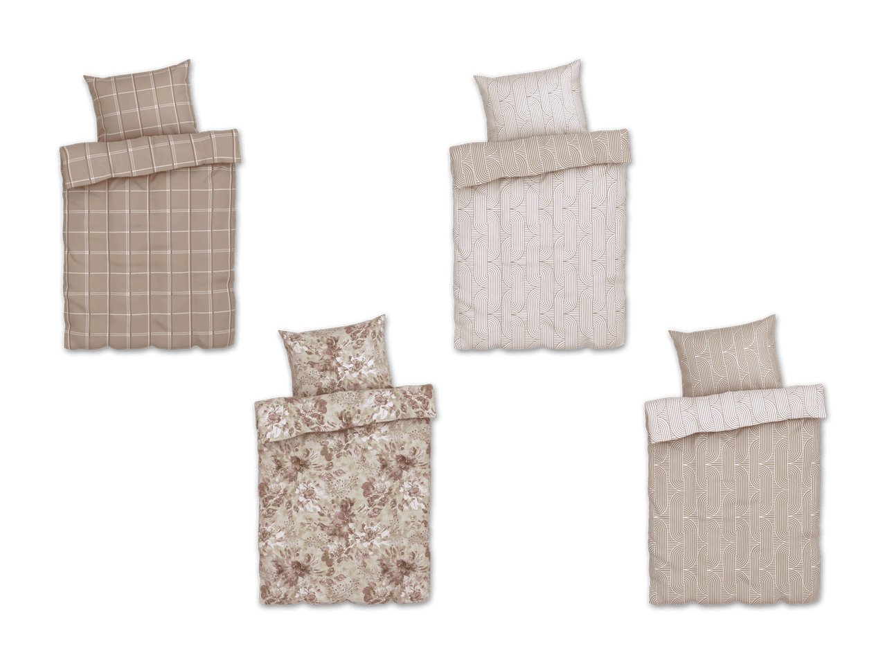 Vier Bettwäsche-Sets in Beige und Braun, mit Karos, Blumen und geometrischen Mustern.