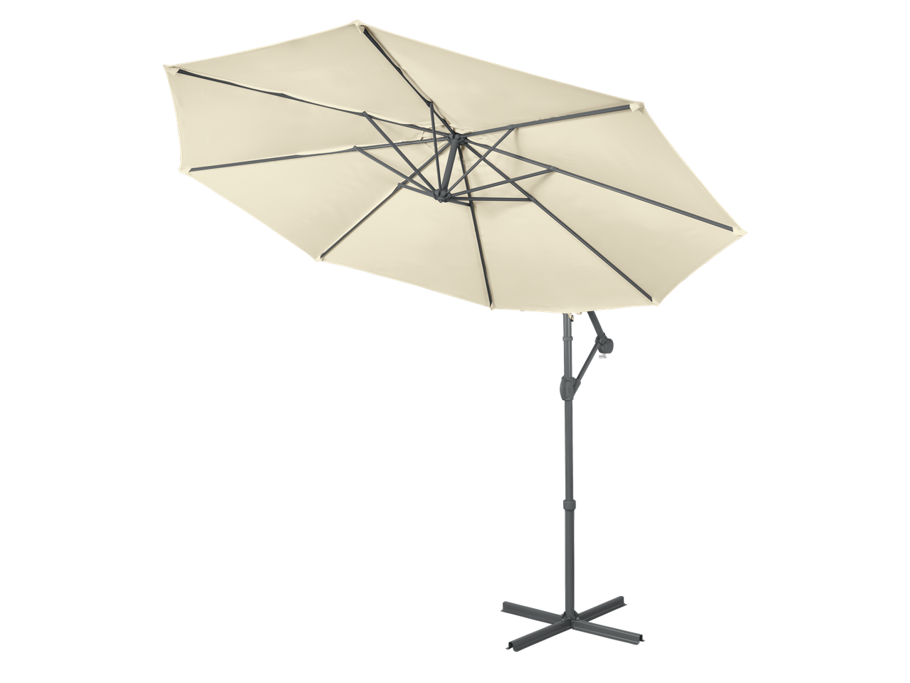 Cream-colored cantilever parasol with a dark gray frame and cross base.