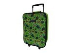 Green children's rolling suitcase with a pattern of pixelated video game characters and items.