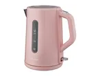 Pink electric kettle with a water level indicator showing measurements from 0.5L to 1.7L.