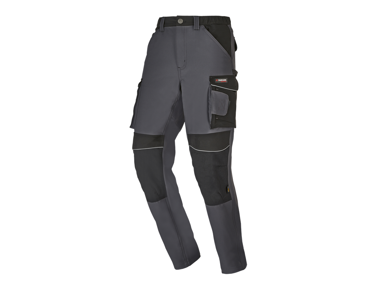 Elastične radne hlače u tamno sivoj i crnoj boji s džepovima i reflektirajućim detaljima.