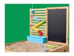 Wooden sand and water play table with a water run, chalkboard, and sand toys.