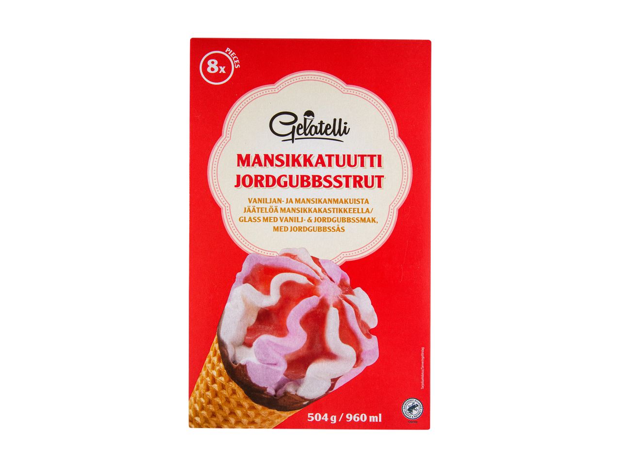 Pirkka mansikka-vadelma jäätelötötterö pakkaus.