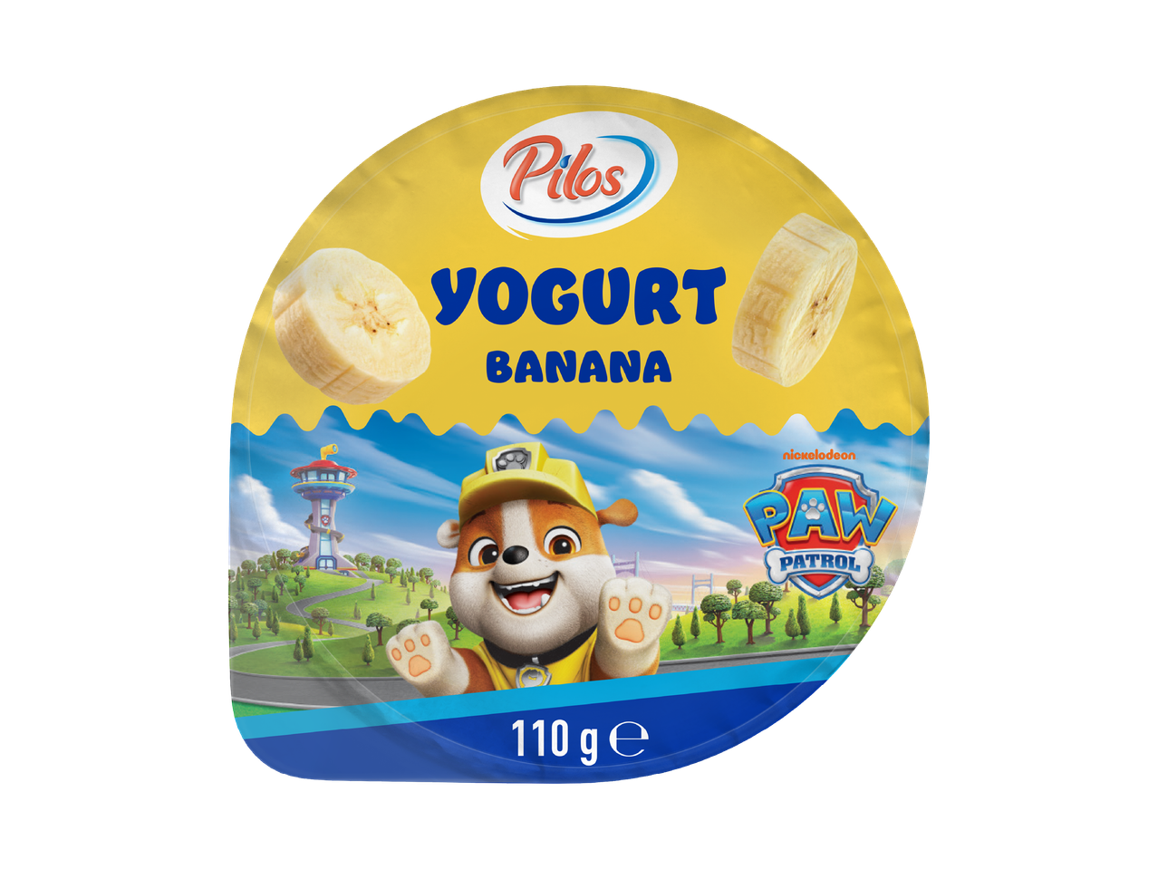 Жълто кисело мляко с банан, с кученце от Paw Patrol и кулата на Adventure Bay.