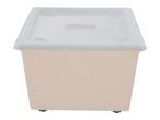 Light brown storage box with a white lid and a slot on top