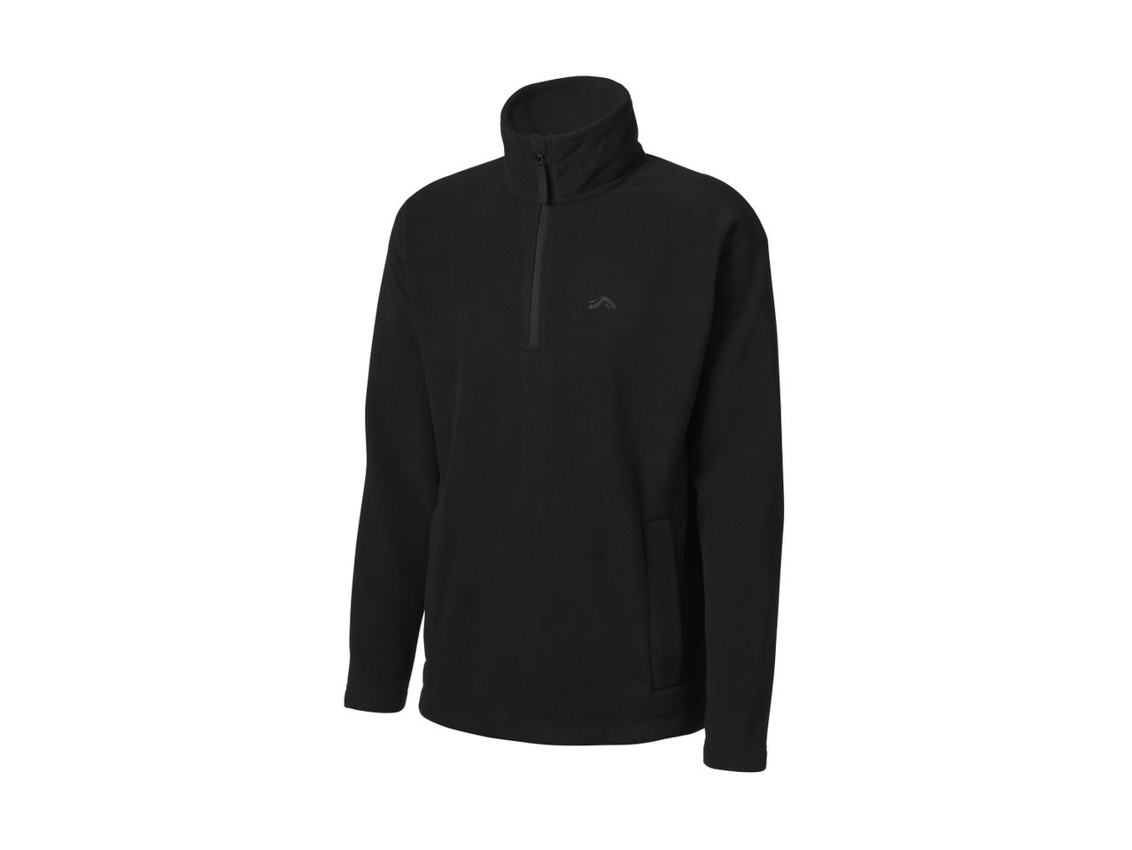 Black fleece pullover with a quarter-zip and a small logo on the chest.
