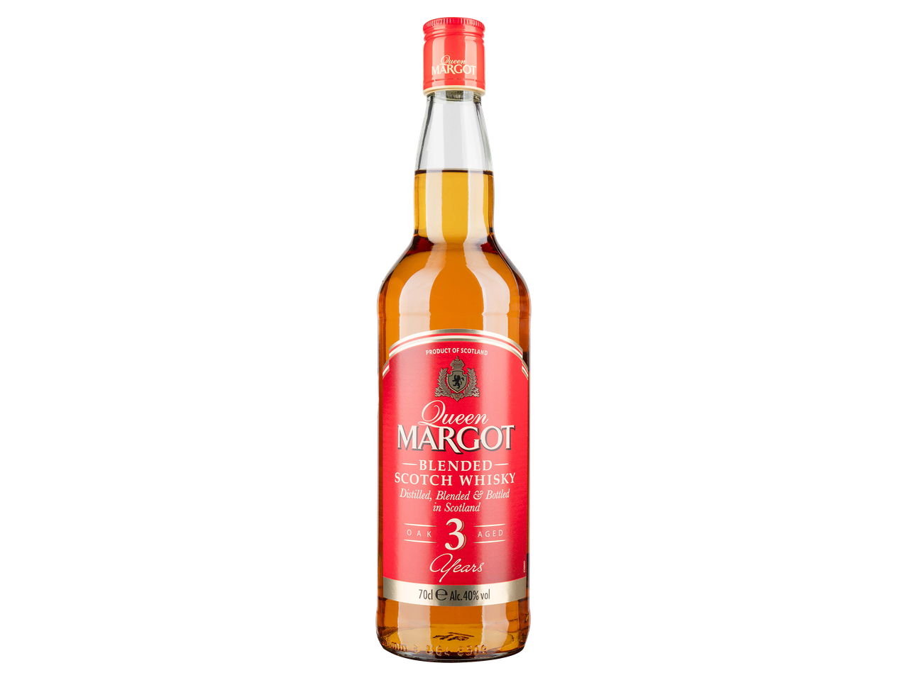 Három évig tölgyfahordóban érlelt skót kevert whisky piros címkés üvegben.