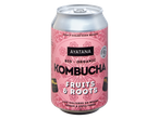 Ayatana Bio-Organic Kombucha, Fruits & Roots smaak, in een roze blikje.
