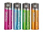 Four Tronic rechargeable AA batteries in pink, blue, green, and orange.