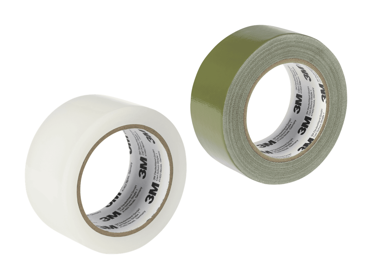 Zwei Rollen Klebeband, eine weiße und eine olivgrüne, mit Herstellerinformationen.