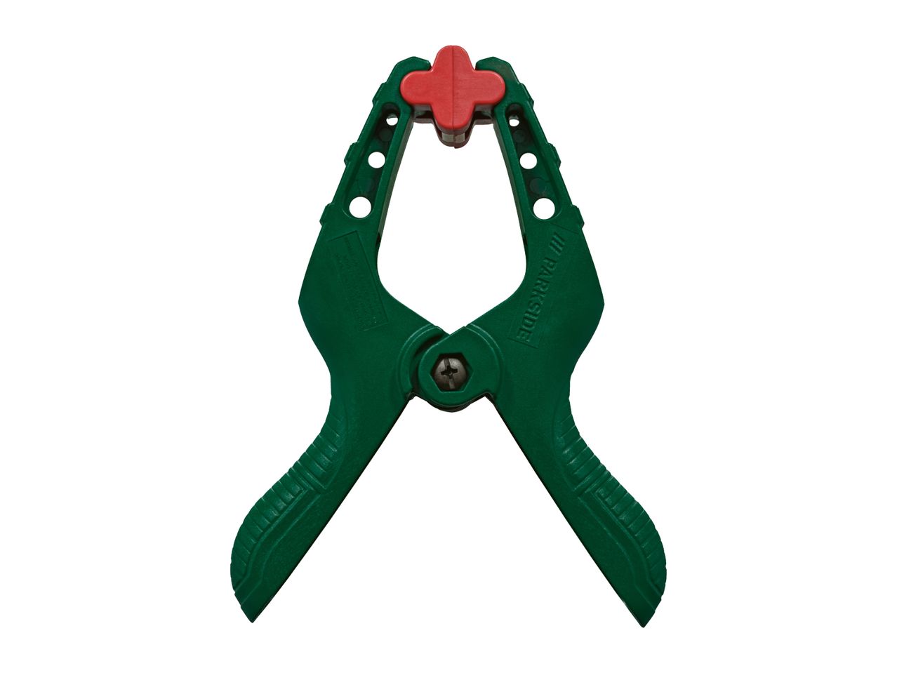Green and red spring clamp with textured handles